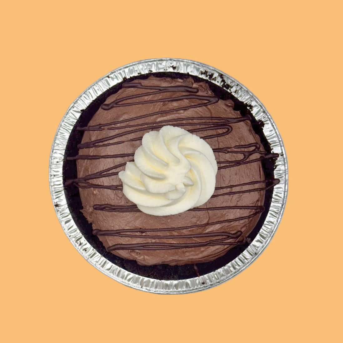 Chocolate pie with a swirl of whipped cream on a white background