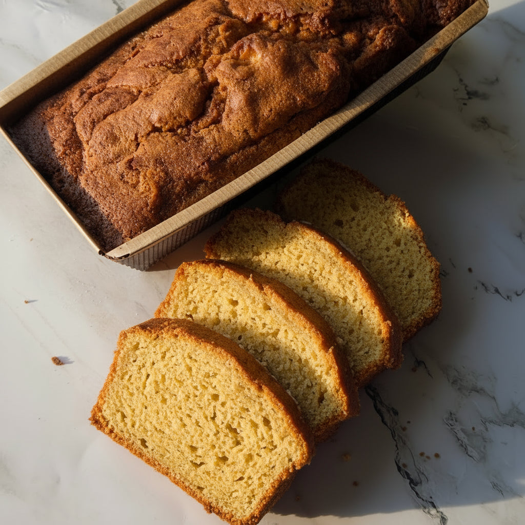 Loaf of apple cinnamon bread with white icing drizzle in a box on a marble surface