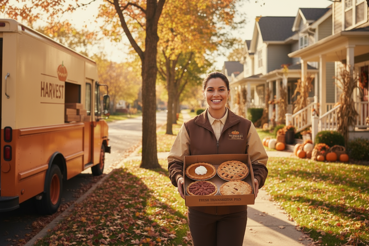 a woman delivering pies in a truck